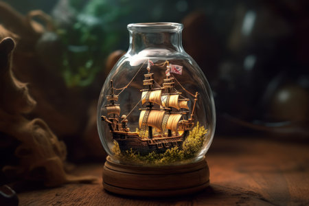 Miniature ship bottle. Travel holidays. Generate AIの素材