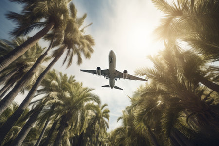 Passenger airplane tropical palm. summer travel. Generate AIの素材