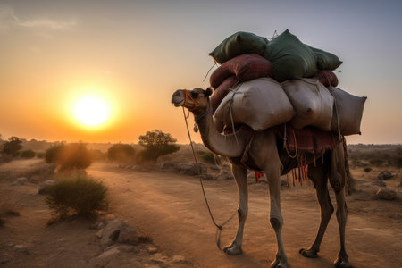 Camel carry load goods in desert. travel dune. Generate AIの素材