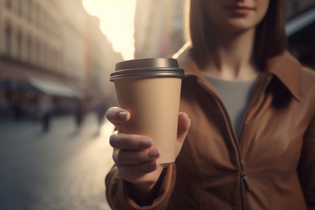Female coffee take. Hand cafe beverage. fictional person. Generate AIの素材