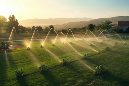 Automatic garden watering system sunset. outdoor lawn. Generate AIの素材