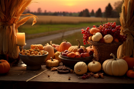 Thanksgiving celebration table harvest. wood autumn. Generate AIの素材
