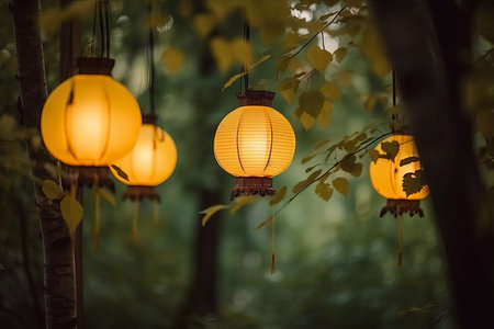 Yellow illuminated lantern paper. Asia celebration. Generate AIの素材