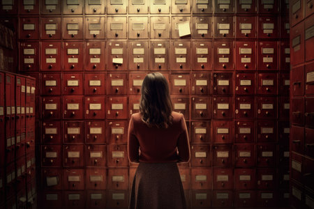 Archivist woman in red cabinets. File history. Generate AIの素材