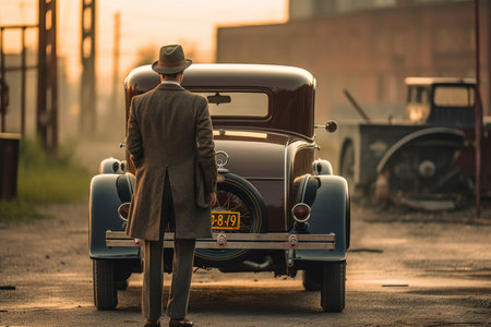 American man in hat. Near old american car. Generate AIの素材