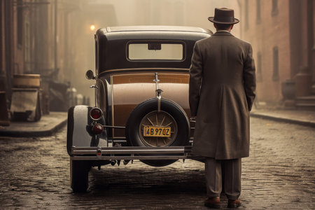 American man on stones street. old vintage car. Generate AIの素材