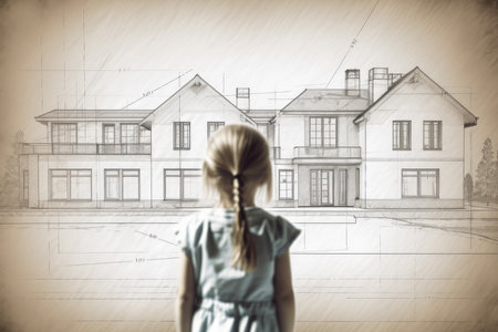 Architect house plan girl. Idea print renovation. Generate AIの素材