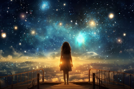 Astronomer child woman starry sky night. science galaxy. Generate AIの素材