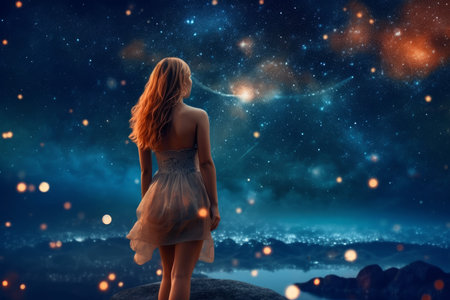 Astronomer woman starry sky night. star science. Generate AIの素材