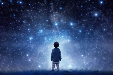 Astronomer child man starry sky night. space science. Generate AIの素材