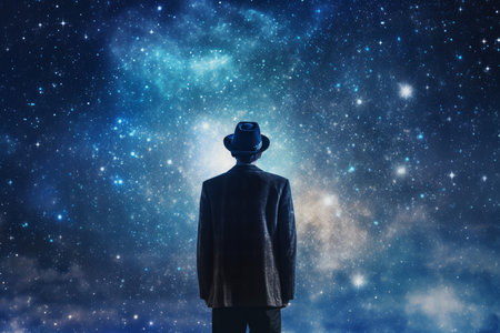 Astronomer man top hat starry sky night. star science. Generate AIの素材