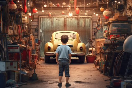 Car mechanic child boy garage. engine garage. Generate AIの素材