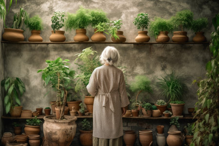 Botanist old woman work pots. Happy young. Generate AIの素材