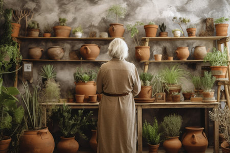 Botanist old woman pots. garden spring. Generate AIの素材