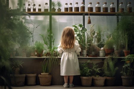 Botanist florist child pots. home garden. Generate AIの素材