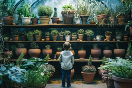Botanist child pots. flower gardener. Generate AIの素材