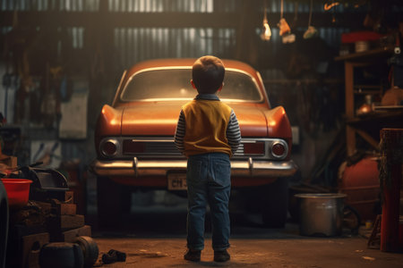 Car mechanic boy with car garage. engineer station. Generate AIの素材