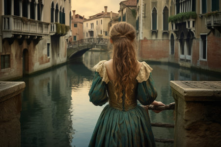 Cute girl old venice. Tourist female. Generate AIの素材