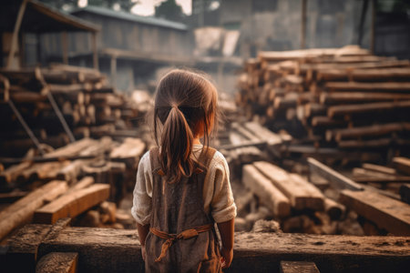 Carpenter child girl sawmill. wood working. Generate AIの素材