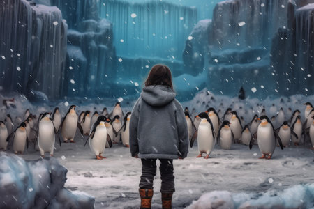 Child girl glacier winter penguins. nature travel. Generate AIの素材