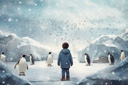 Child in warm winter clothes with penguins. weather cozy. Generate AIの素材