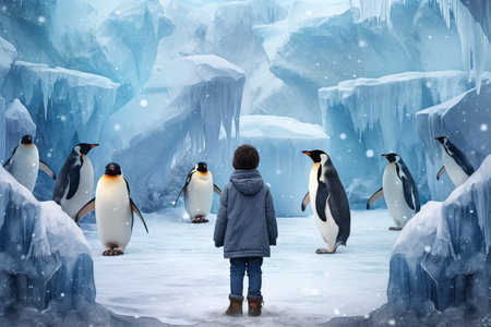 Child glacier iceberg winter penguins. wild animal. Generate AIの素材