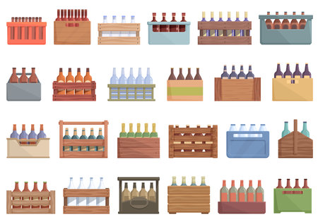 Drink crate icons set cartoon vector. Milk delivery. Fat paperのイラスト素材