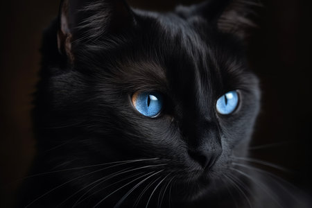 Black cat blue eyes animal. eye hair. Generate AIの素材