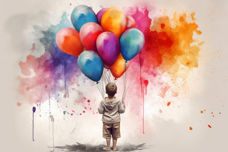 Child watercolors colorful balloons. Circle drawing. Generate AIの素材