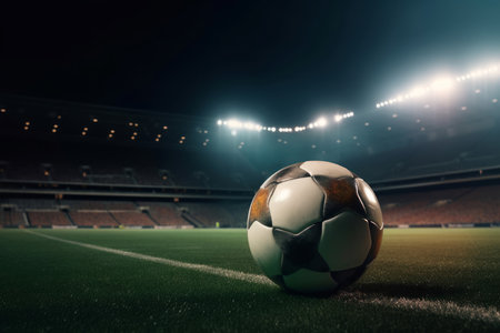 Football ball pitch match. Man shoot net. Generate AIの素材
