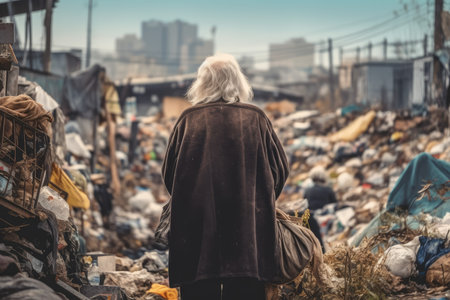 Homeless old woman trash. nature trash. Generate AIの素材