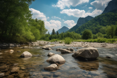 Landscape mountain river sky. stone spring. Generate AIの素材