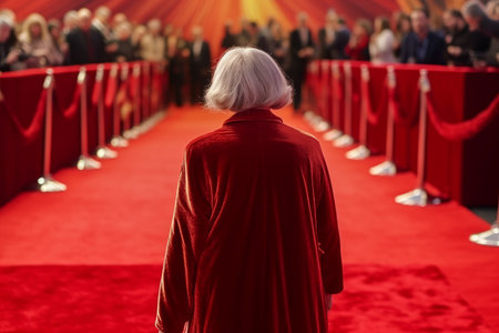 Journalist old woman red carpet. Cinema luxury. Generate AIの素材