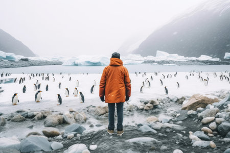 Glacier winter person warm clothes. arctic lake. Generate AIの素材