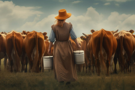 Milkmaid hand woman bucket cows. nature food. Generate AIの素材