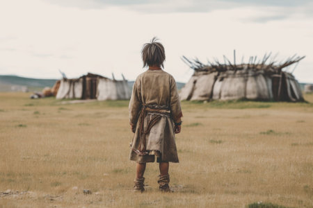 Mongolian ancient child. nature man. Generate AIの素材