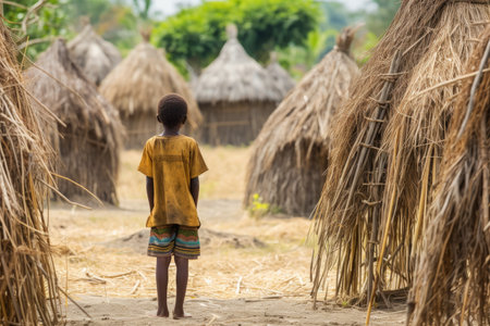 Native child boy thatched huts. Kenya culture. Generate AIの素材