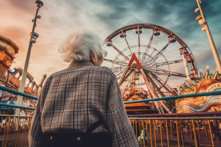 Senior woman amusement park. happy person. Generate AIの素材