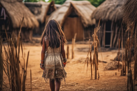 Native child girl thatched huts. home rural. Generate AIの素材