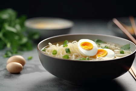 Noodle soup egg. Meal plate. Generate AIの素材