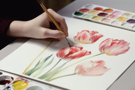 painting tulips. Art pink plant. Generate AIの素材