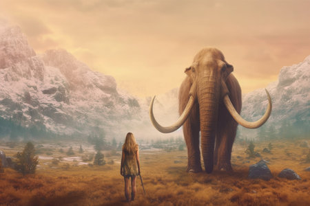 Prehistoric mammoth woman hunter. ancient animal. Generate AIの素材