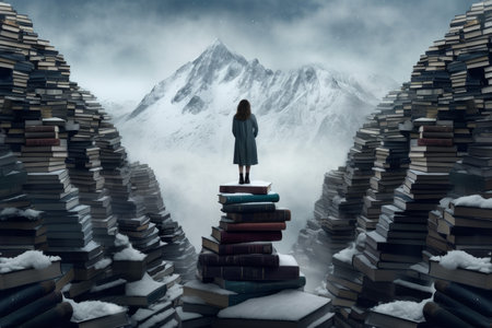 Poet woman on books mountain. text writer. Generate AIの素材