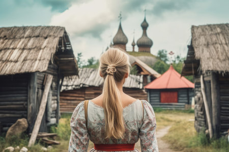 Russian fashion woman old village. tourism day. Generate AIの素材