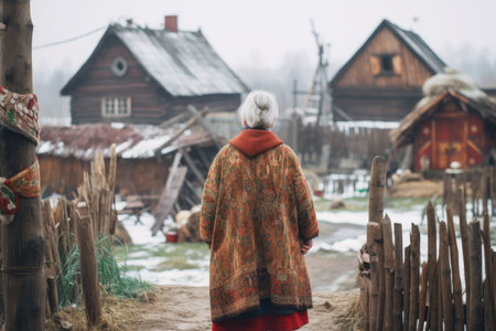 Russian old woman winter old village. retrofolk. Generate AIの素材
