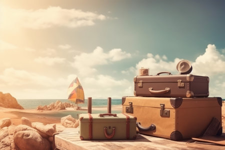 Summer travel beach luggage palm. open tourism. Generate AIの素材