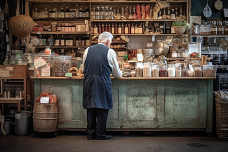 Salesman old man drink market. store product. Generate AIの素材