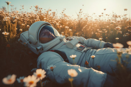 Astronaut laying flowers field. plant fun. Generate AIの素材