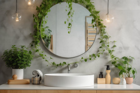 Bathroom green plant mirror. wall room. Generate AIの素材