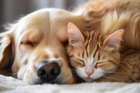 cat dog sleep together Animal domestic. Generate AIの素材